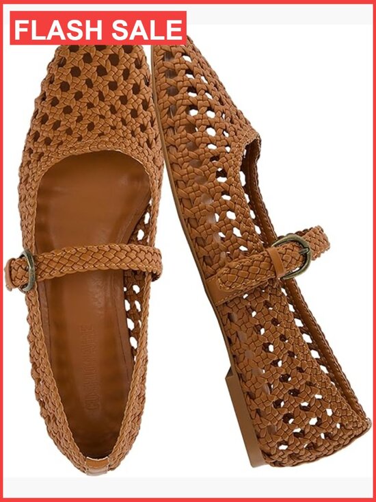 Shoes - Hand Woven Mary Jane Flats with Adjustable Buckle Memory Foam Cushioning